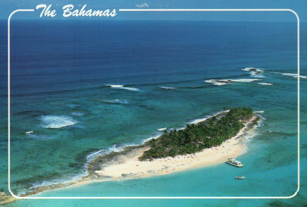 Aerial View of Sandy Cay The Bahamas, Boats Swimming Snorkeling etc. -- Postcard