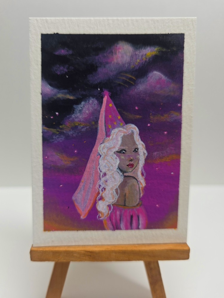 Original ACEO Princess Fantasy Girl Painting Dreamy Sky OOAK Mini Art Card