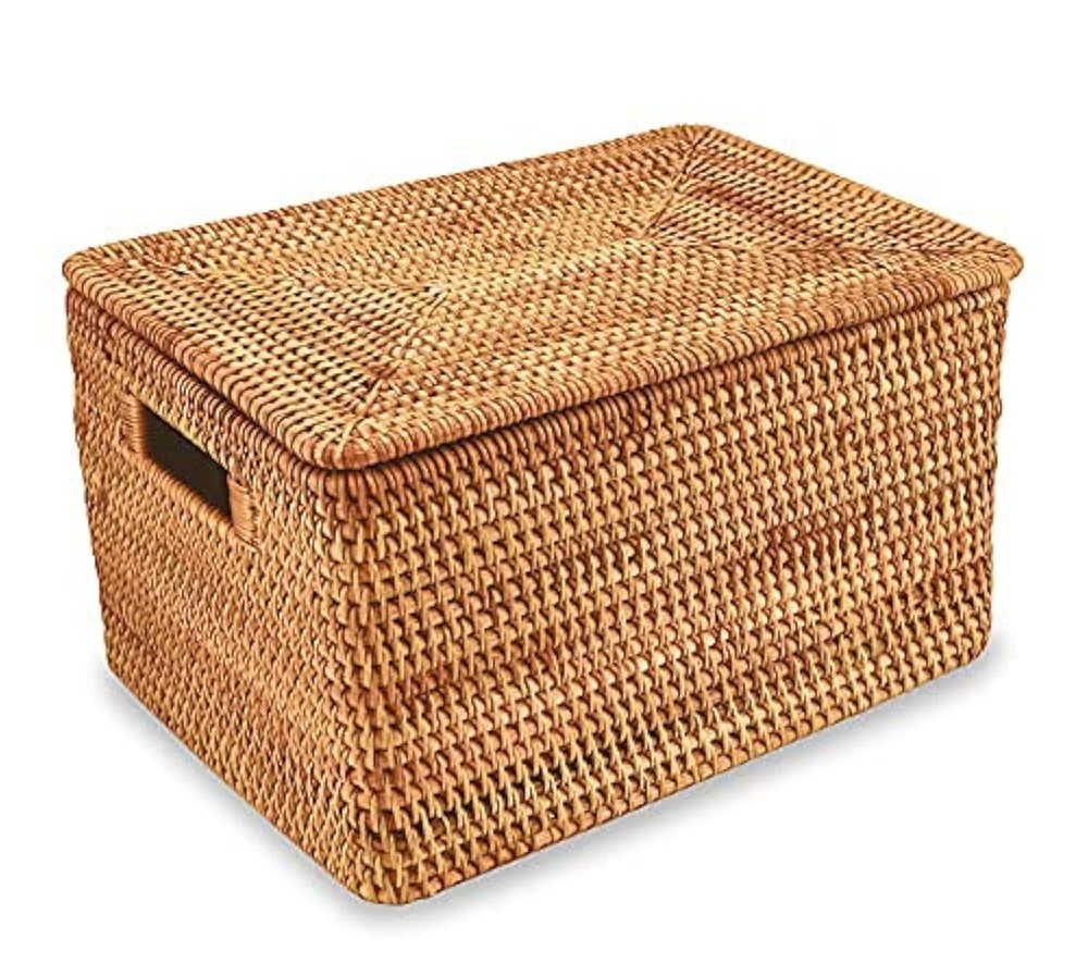 Rattan Basket With Lid, Large Lidded Basket For Storage Rattan Box(15.3