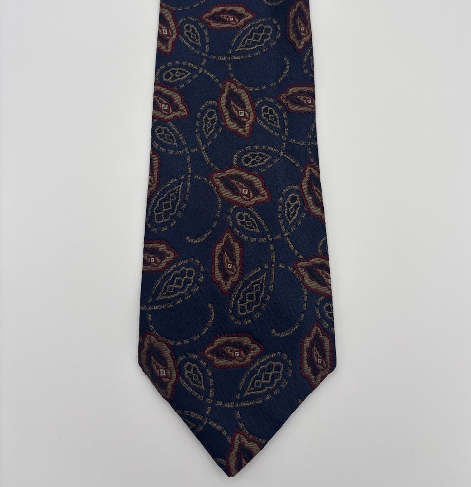 Chanel Paris Vintage Navy Blue Paisley Jacquard Silk Tie Burgundy Italy Luxury