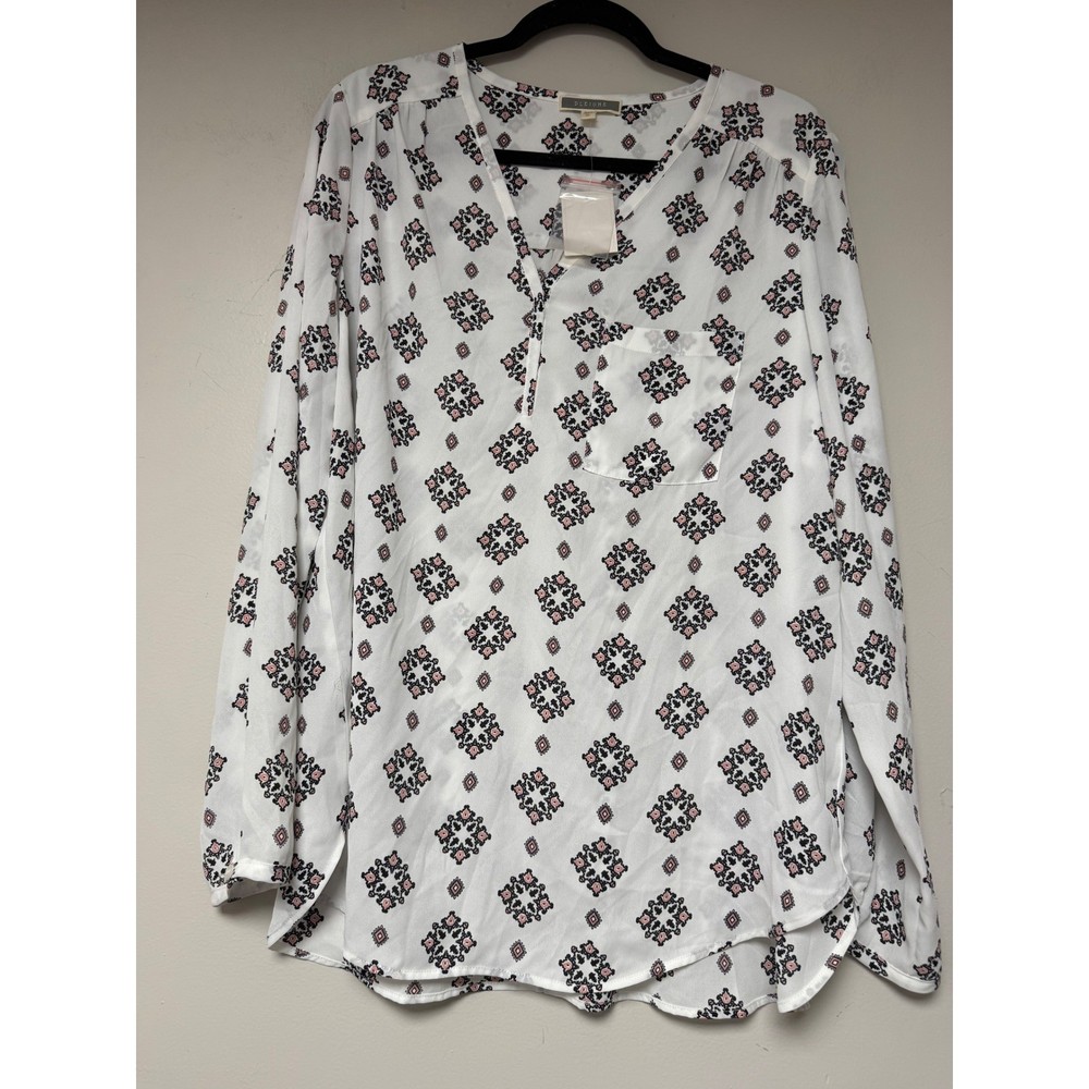 pleione Women's XL Long Sleeve White Pink Black Tile Print Blouse