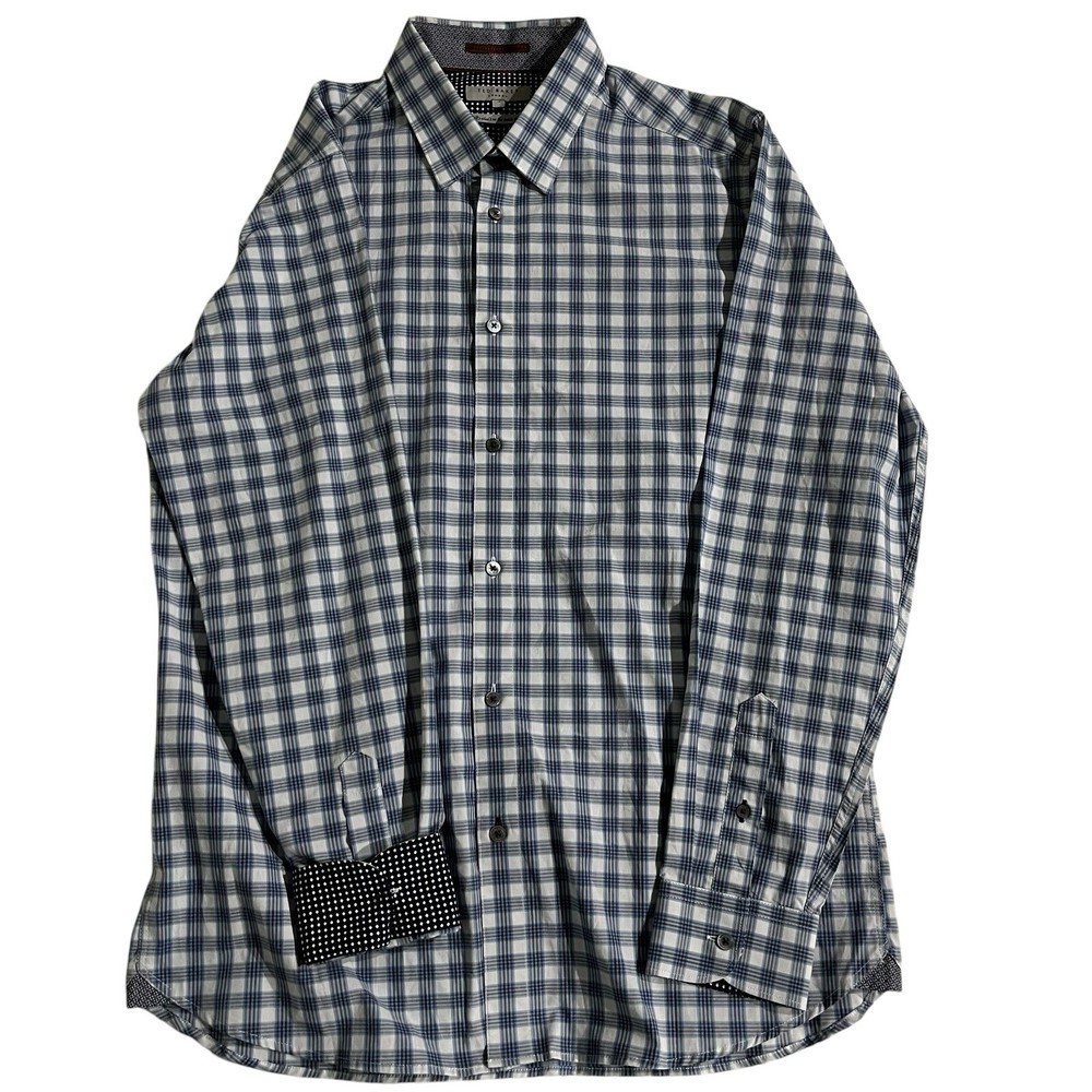 Ted Baker Shirt Blue/White Check Long Sleeve Button Up Flip Cuff Men's 4 (L)