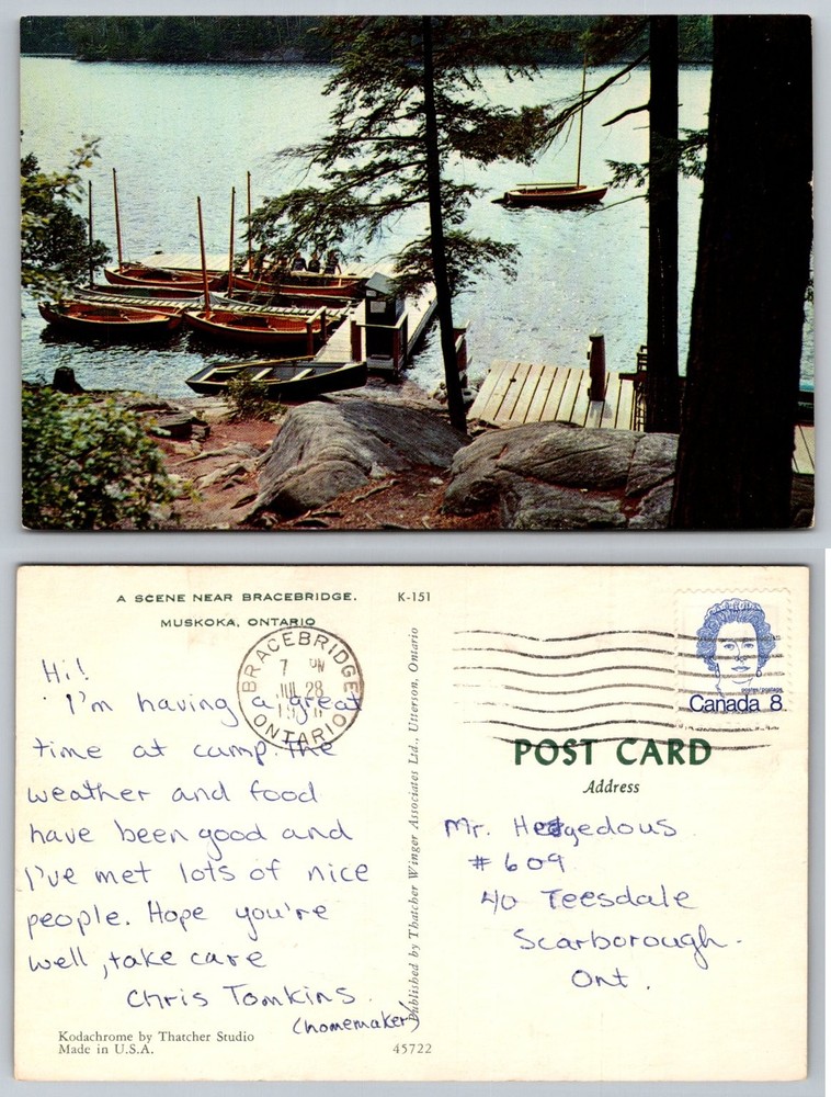 Bracebridge Muskoka Ontario Boats Dock Lake Kodachrome Postcard 1970s Canada