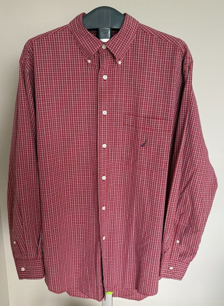 Nautica Long Sleeve Button Down Cotton Shirt Red and Blue Plaid Size L