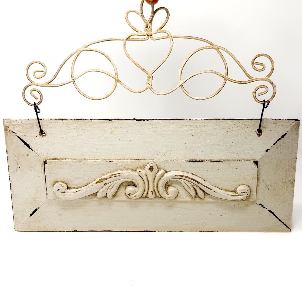Vintage Shabby Chic Wall Decor Distressed Cream Scroll Cottagecore Plaque