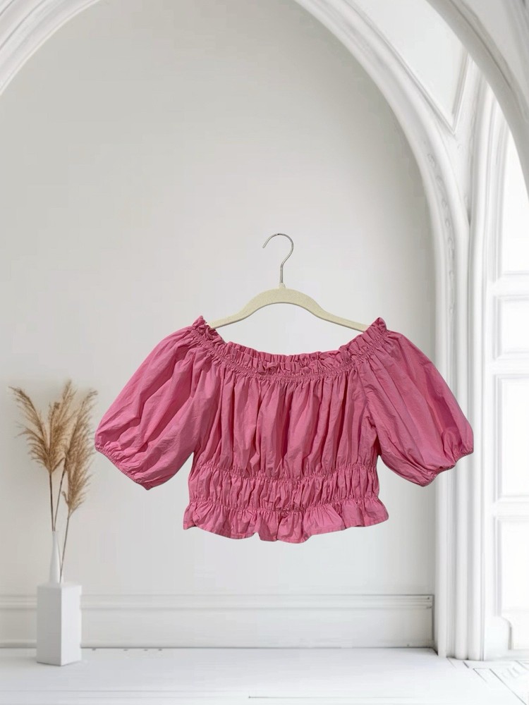 Zara Crop Top Womens Small Pink Smocked Puff Sleeve 100% Cotton Summer Boho Chic