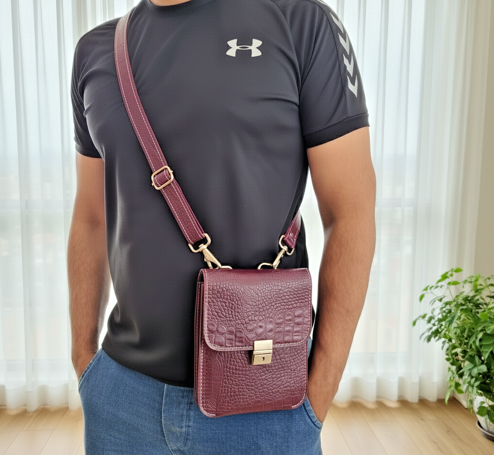 Luxury Men's Genuine Leather Crossbody Bag - Crocodile Pattern Shoulder Bag