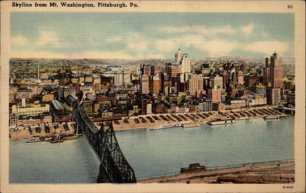 Pittsburgh Pennsylvania Skyline from Mt Washington vintage postcard e398