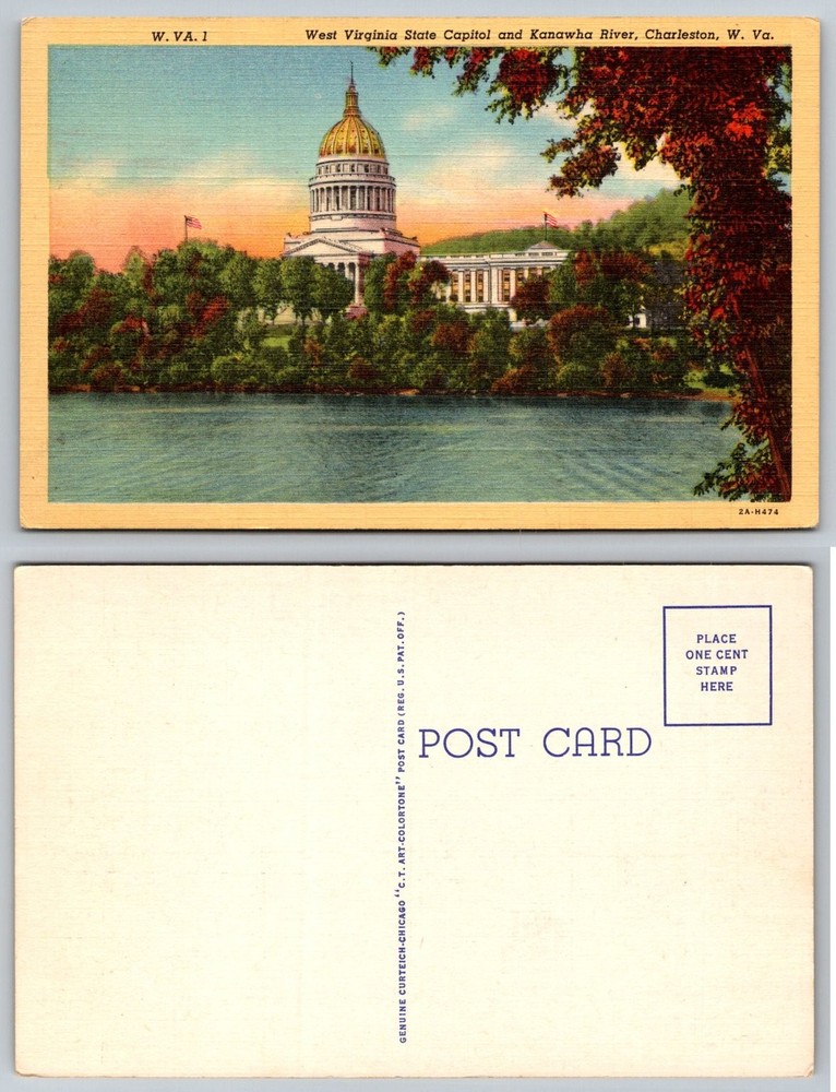 WV State Capitol Charleston Kanawha River Linen Postcard Curteich 1930s