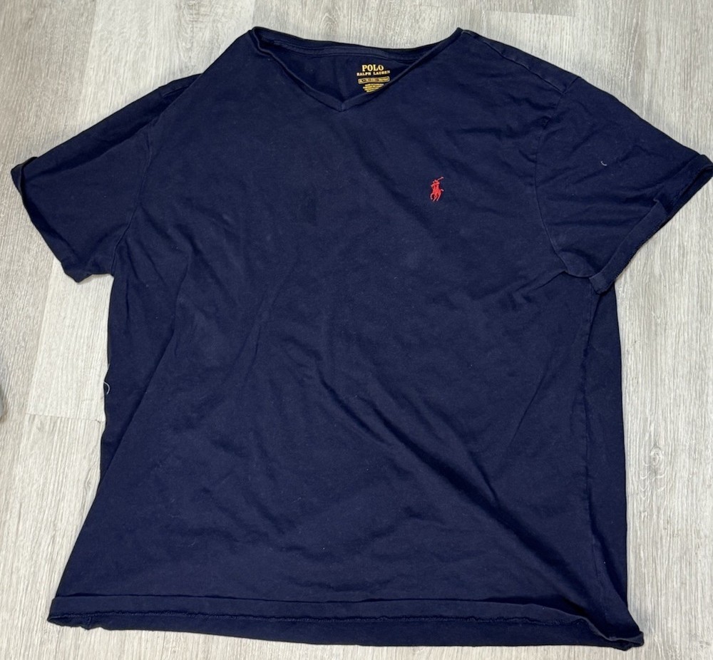 Polo Ralph Lauren Shirt Mens XL Navy Blue Short Sleeve V Neck Red Pony Logo