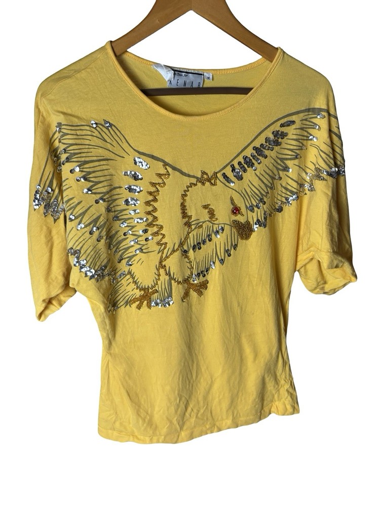 VTG Kenar Sequin Beads Eagle Batwing Blouse Shirt Women Sz M Yellow Short Sleeve
