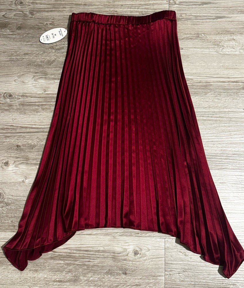 A New Day Red Satin Pleated Midi Skirt Women's Size M