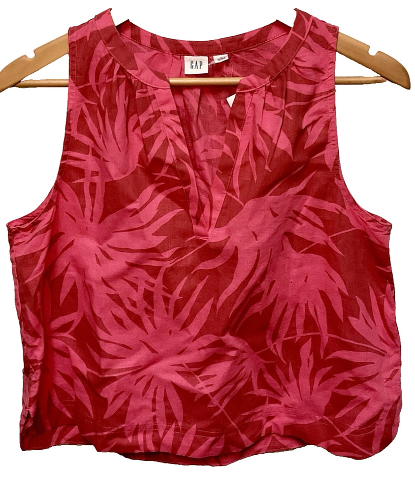 GAP Women's Shirt Linen Blend NEW Tropical Sleeveless V-Neck Red Size Medium
