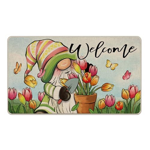 Welcome Spring Summer Gnome Decorative Front Door Mat, Tulip Flower Pot