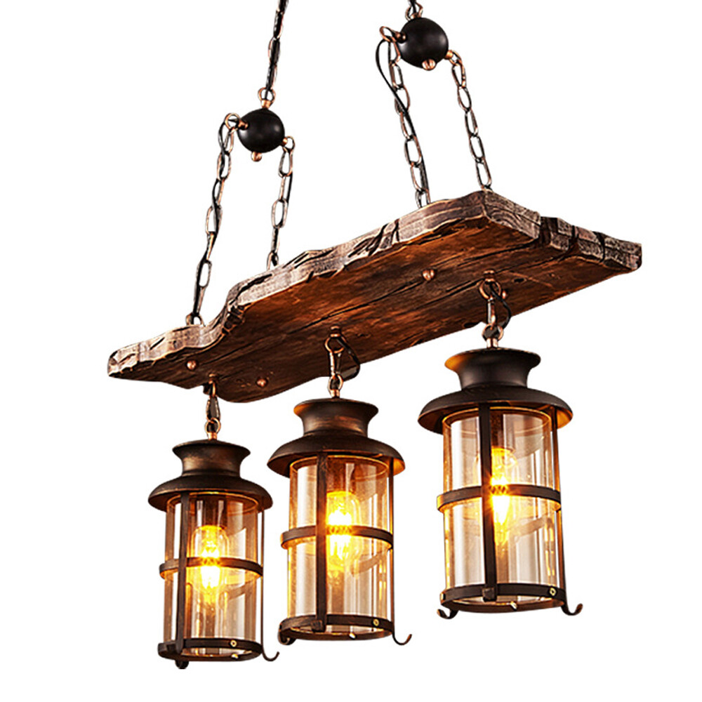 3-Light Farmhouse Rustic Wood Pendant Chandelier Ceiling Lamp Fixture