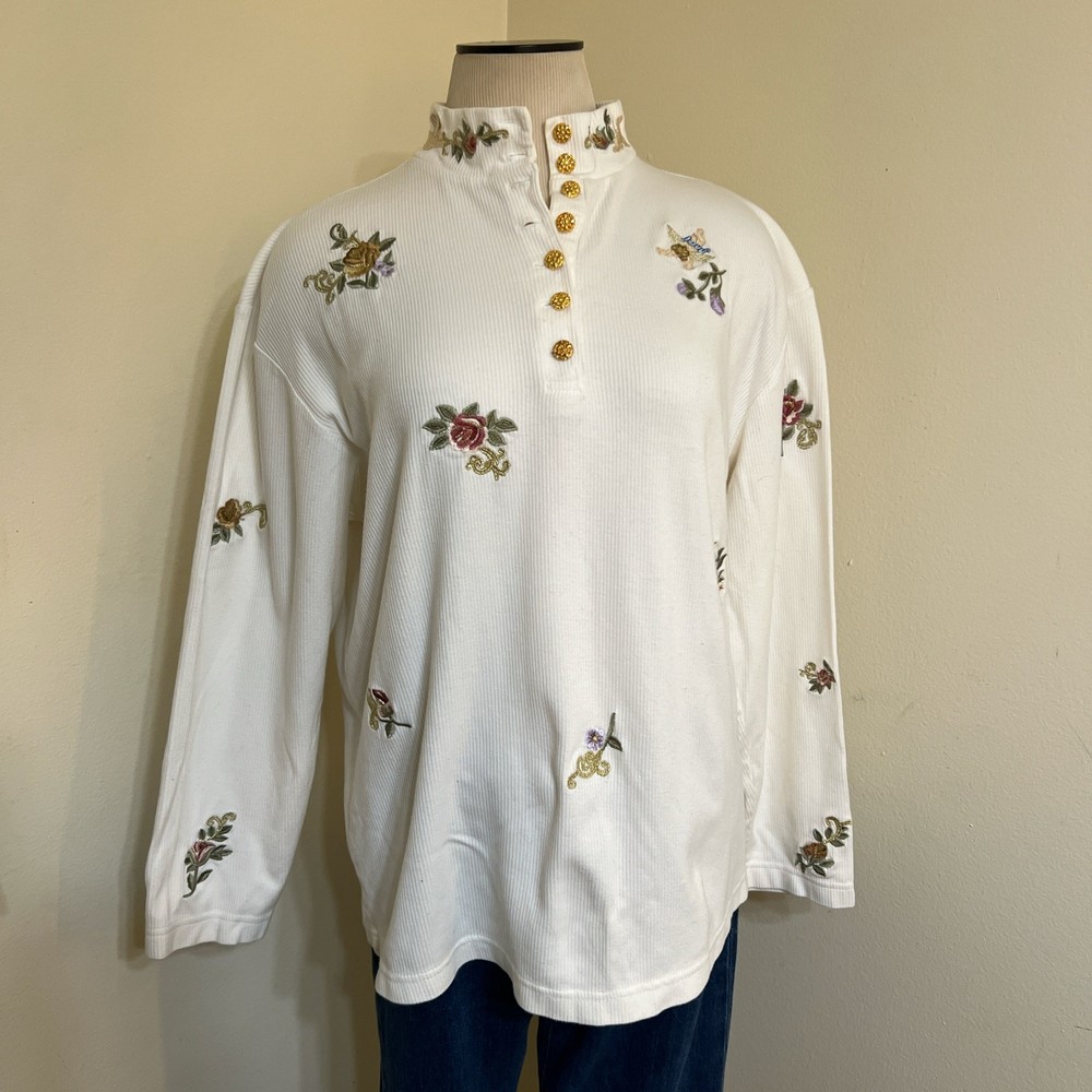 Embroidered Floral Mock Neck Top Gold Button Front Long Sleeve Womens Sz XL