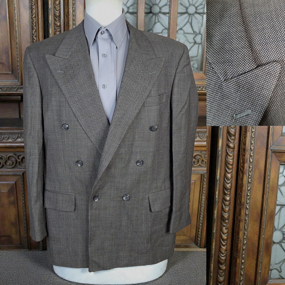 Bill Blass Vintage Blazer Mens 44R Gray Birdseye Check Double Breasted Wool