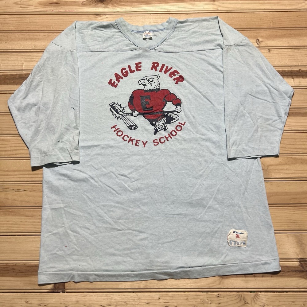 Vintage 80s Champion Eagle River Hockey School Jersey Shirt Size XL Baby Blue