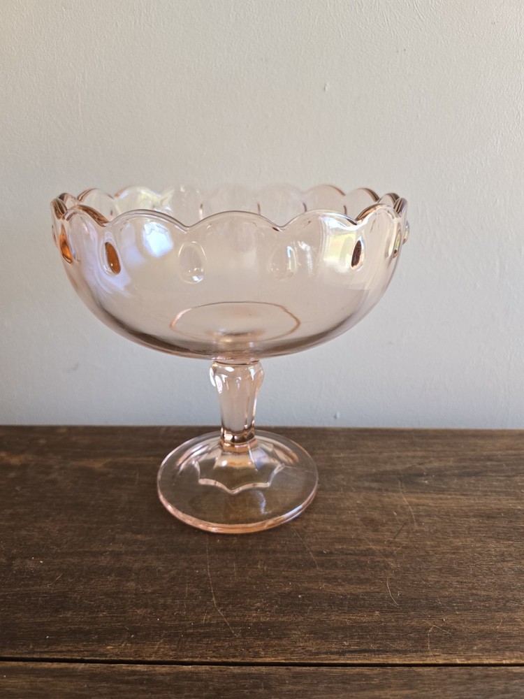 VTG Indiana Glass Pink Garland Teardrop Scalloped Pedestal Compote, Centerpiece