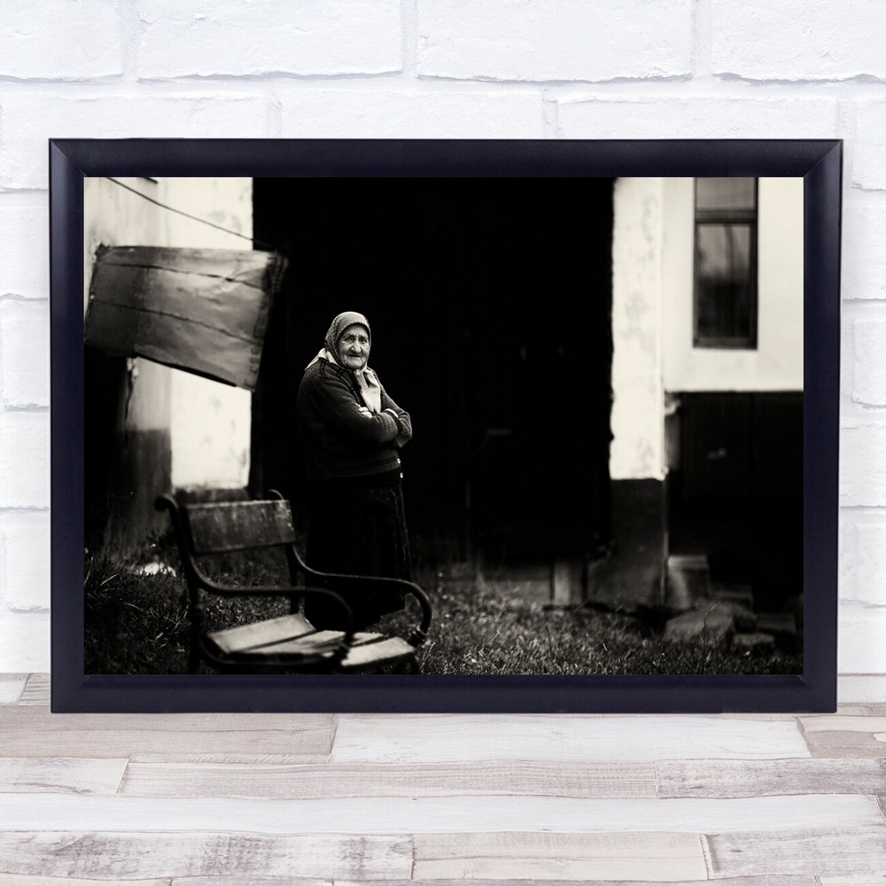 Biertan Village Street Old woman Transylvania black and white Wall Art Print