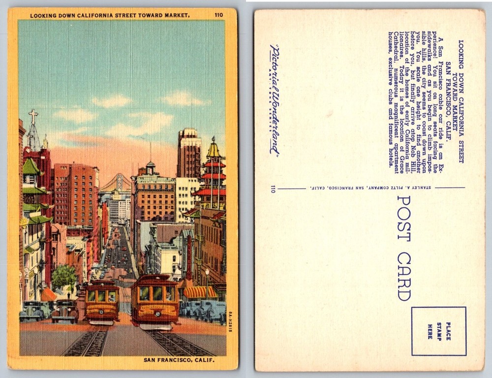 San Francisco California Street Cable Cars Linen Postcard Bay Bridge Nob Hill