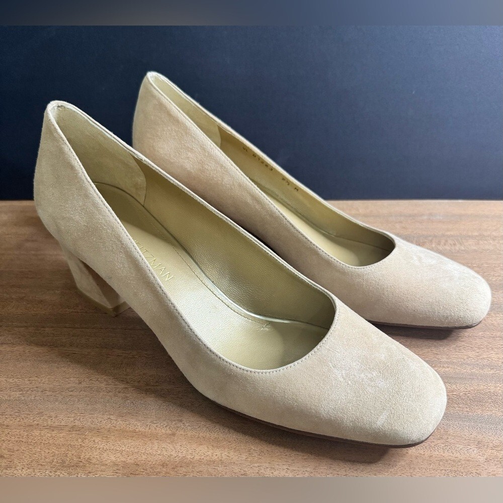 Stuart Weitzman MaryMid Suede Pump Block Heel Summer in Bisque Leather Shoes