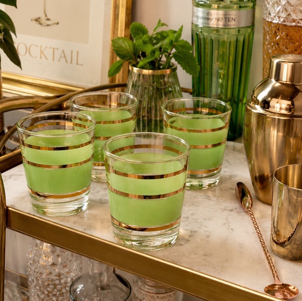 Vintage Mint Green Gold Stripe Rocks Glasses Set of 4 Mid Century Barware
