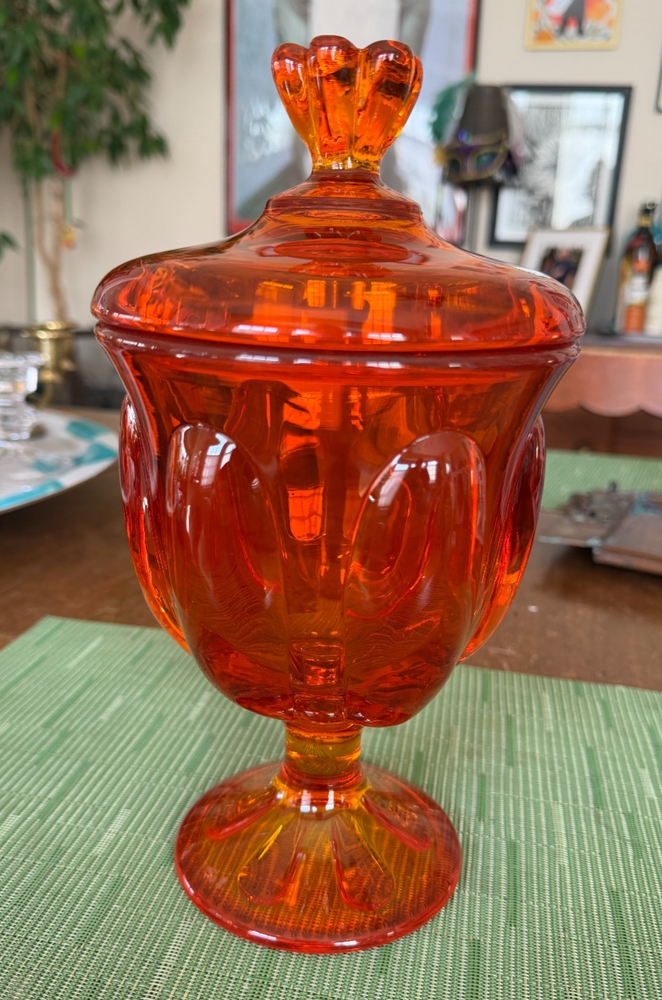 Vintage Viking Glass Epic Persimmon Orange Covered Candy Dish C4 10”