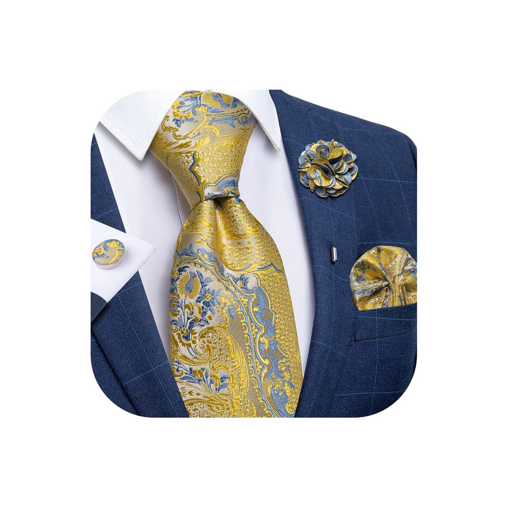 Silk Ties for Men Necktie and Lapel Pin Brooch Set Formal Woven Novelty Yellow