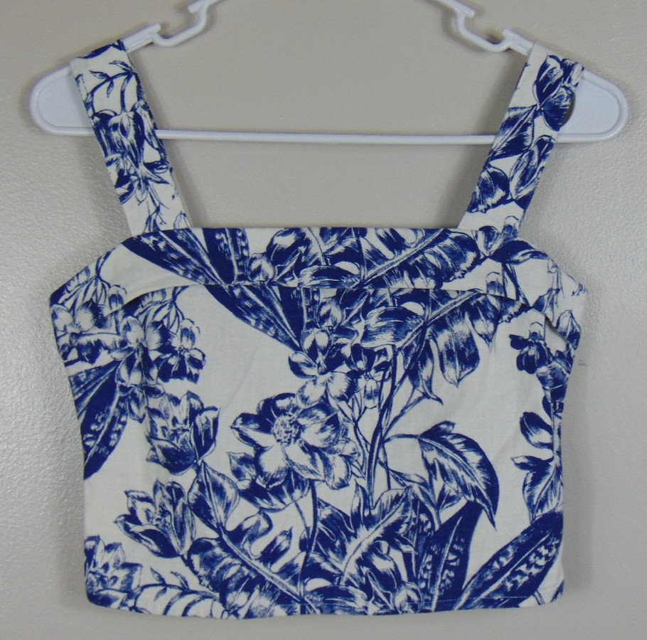 Abercrombie & Fitch Linen Blend Crop Top Xs Blue White Floral Boho Summer Beachy