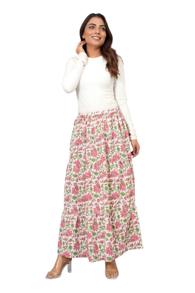 Women Block Printed 100% Cotton Maxi Long Skirt with Elastic Waist- Multi Floral
