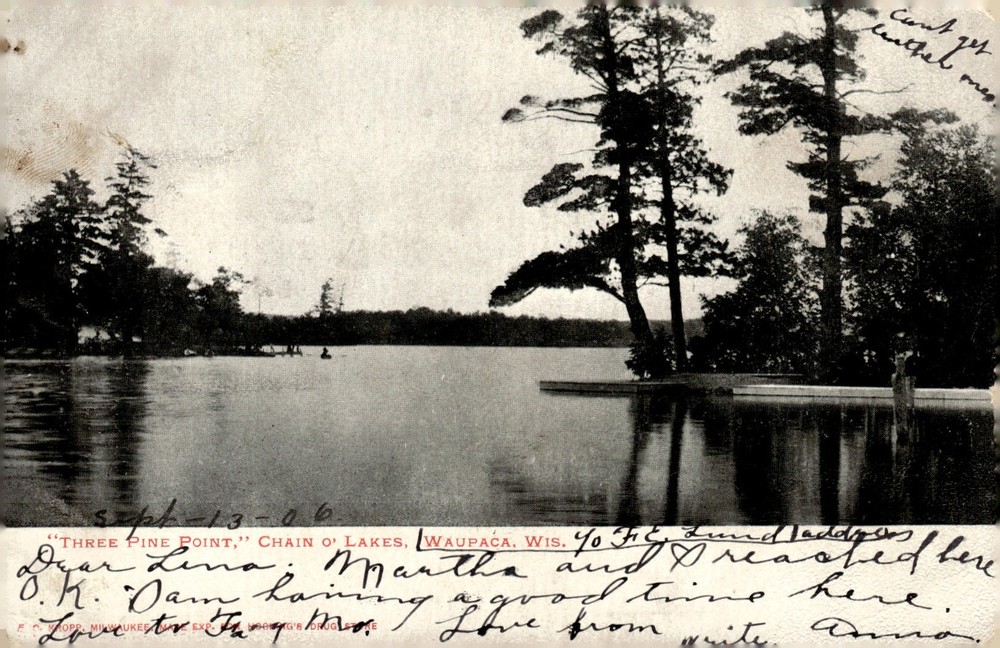 1906 Three Pine Point Chain O' Lakes Waupaca Wisconsin Litho View Postcard