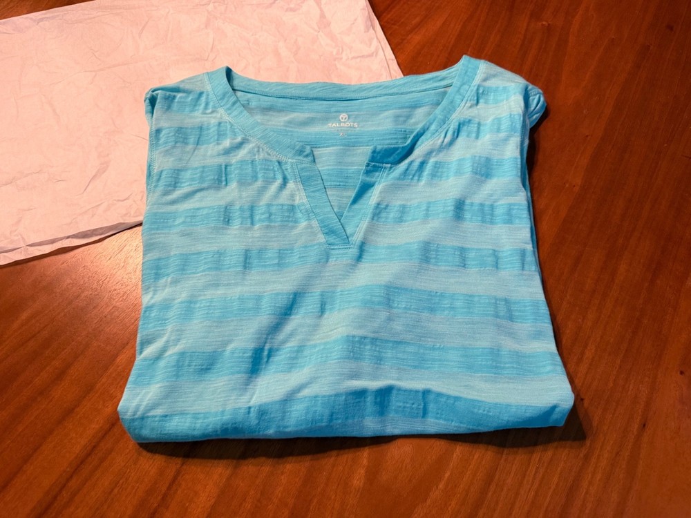 T by TALBOTS Womens XL Top T Shirt Blouse LS TURQUOISE BLUES Striped NICE