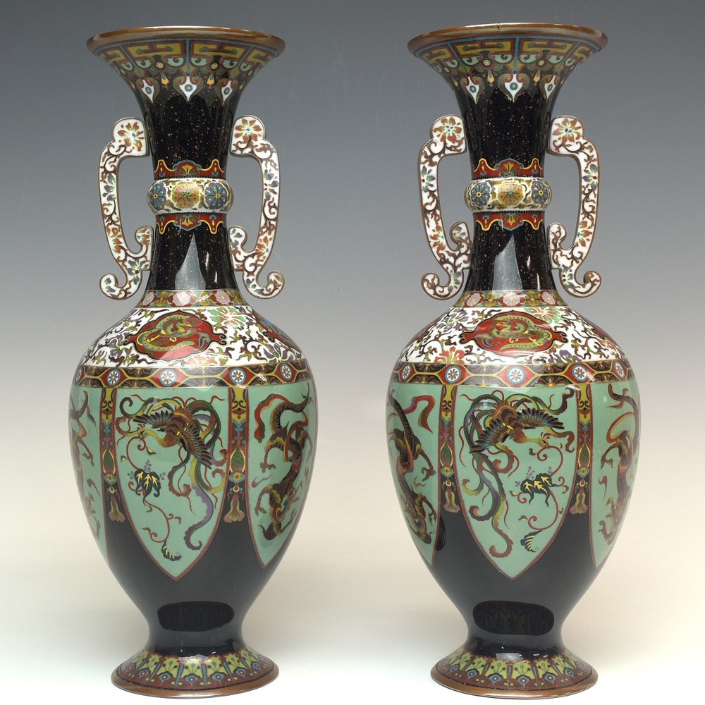 Cloisonne 12 in Flower Vase Pair Antique Japanese Meiji Era Jar Dragon Phoenix
