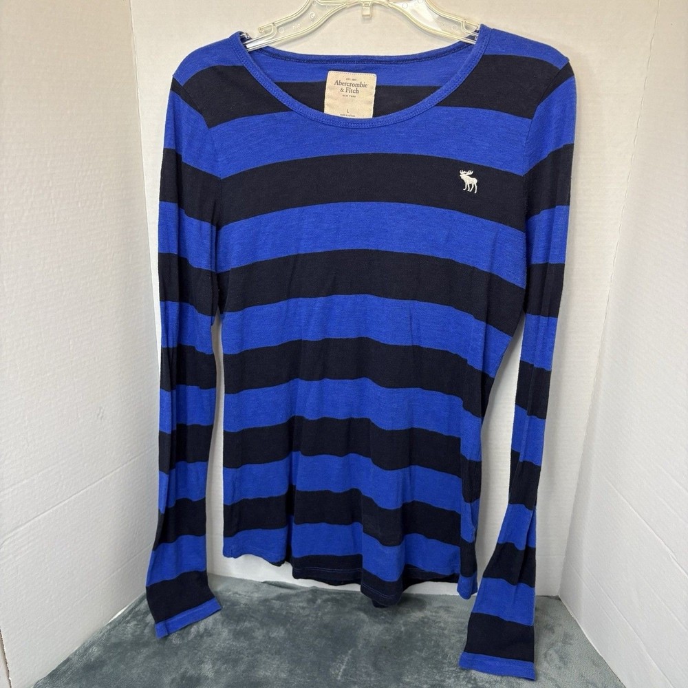 Classic Abercrombie & Fitch Striped Long Sleeve Blue & Black Large Y2K Preppy