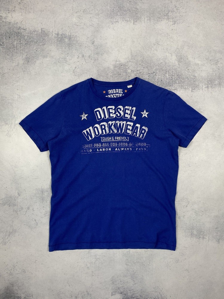 Vintage 00s Diesel Workwear Graphic Logo Blue T Shirt Men’s Size Medium Y2K Punk