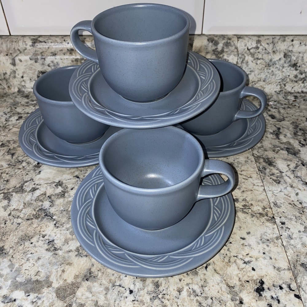 Pfaltzgraff Acadia Bay Blue 8-Piece Cup and Saucer Set 510227 Like New-image