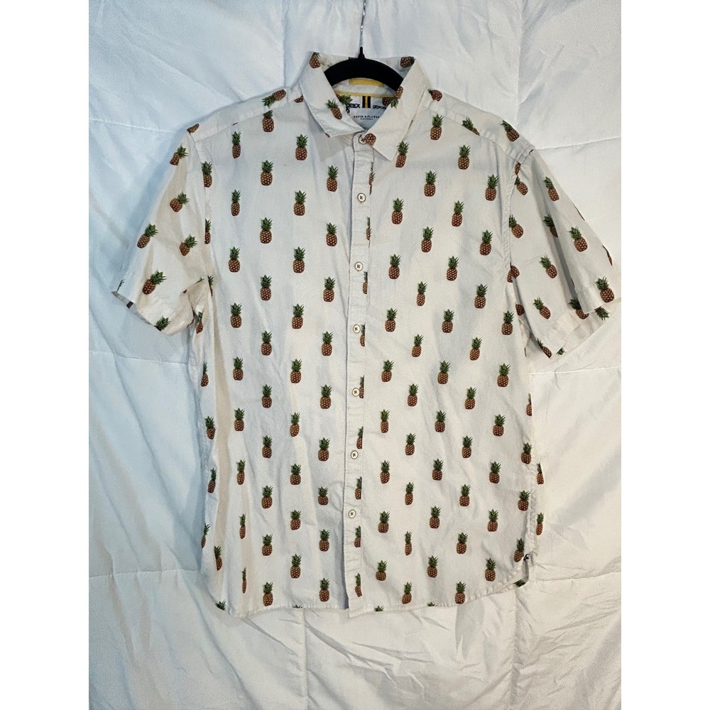 DENIM & FLOWER Ricky Singh Slim Fit Mens White Pineapple Print Short  Up Shirt L