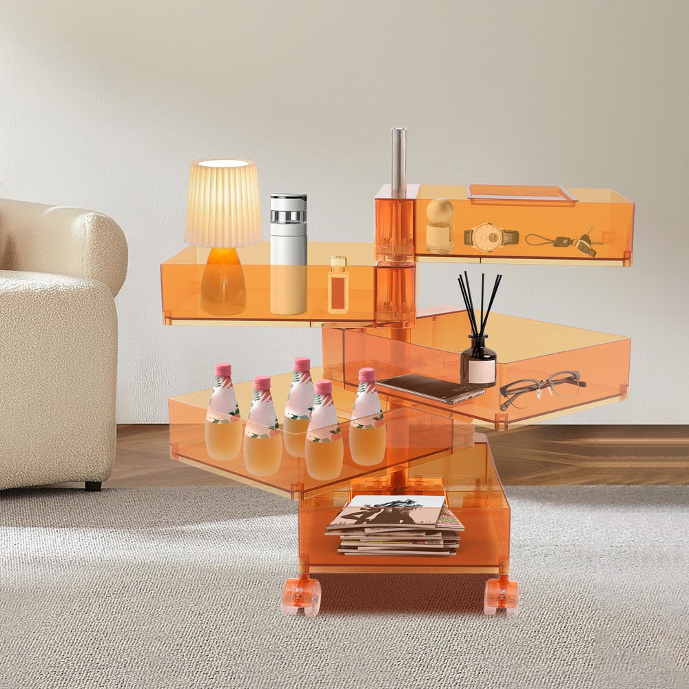 360° Rotating Orange Nightstand with 5 Drawers and 4 Wheels