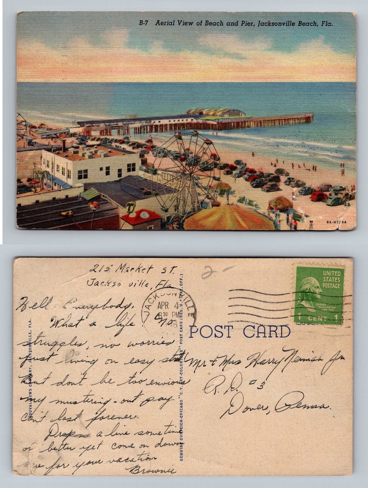Jacksonville Beach, FL-Florida, Aerial Beach Pier Ferris Wheel Vintage Postcard
