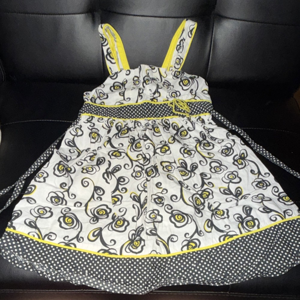 George Girls Sundress Size 6 White Black Yellow Floral Knee Length Sleeveless