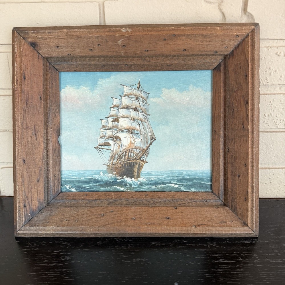 Vintage Original Oil Painting Sailing Ship Nautical Seascape Framed 13x15