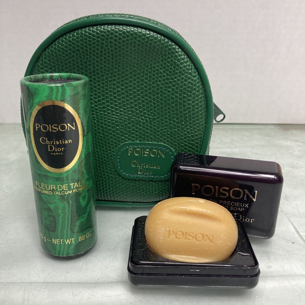 Vintage Christian Dior Poison Travel Set with Perfumed Soap & Green Powder Case
