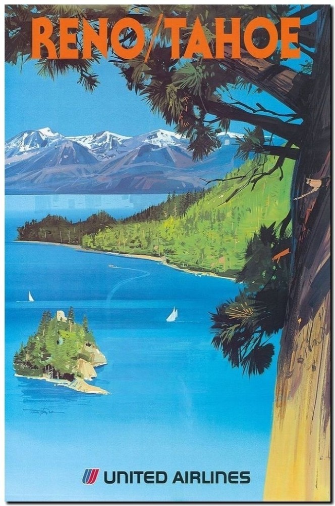Vintage Framed Canvas Travel Art - Reno Tahoe Retro Poster 16x12
