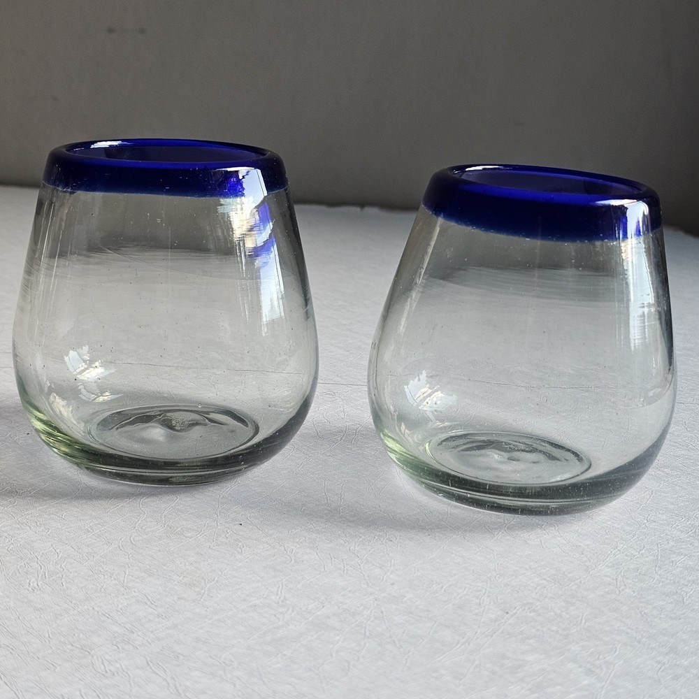 Hand Blown Mexican Stemless Wine Glasses Set Of 2 Glasses With Cobalt Blue Rims