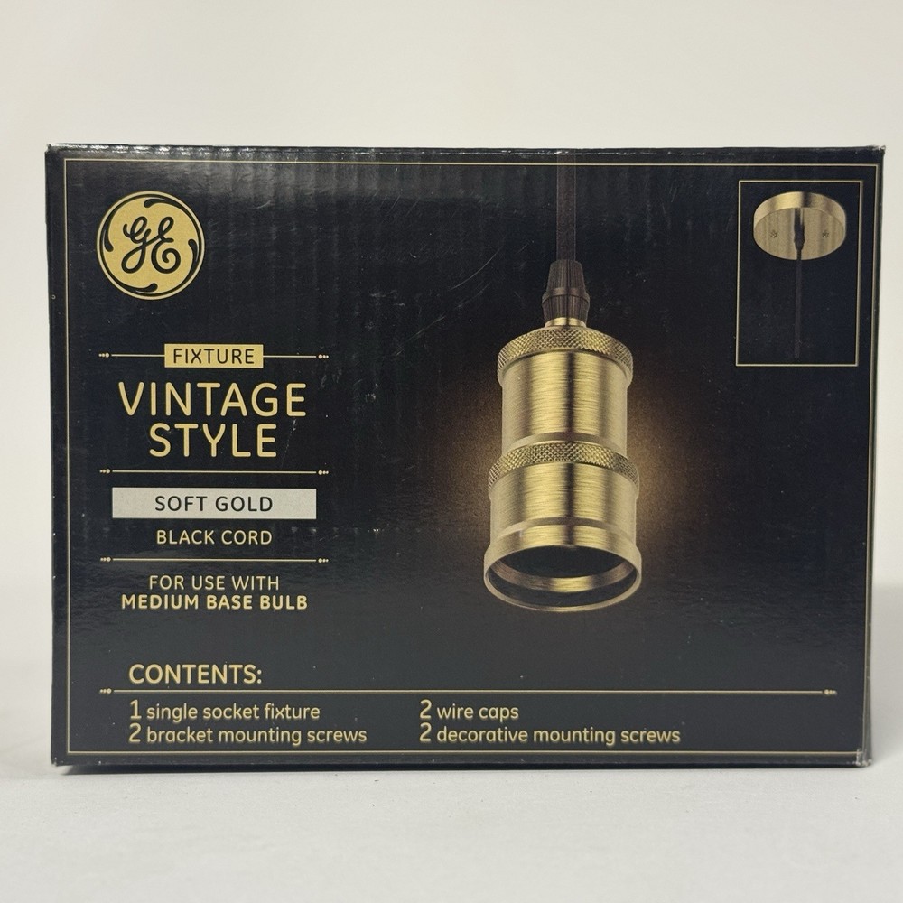 GE Vintage Style Soft Gold, Black Cord Light Bulb Pendant Fixture NEW-FREE SHIP