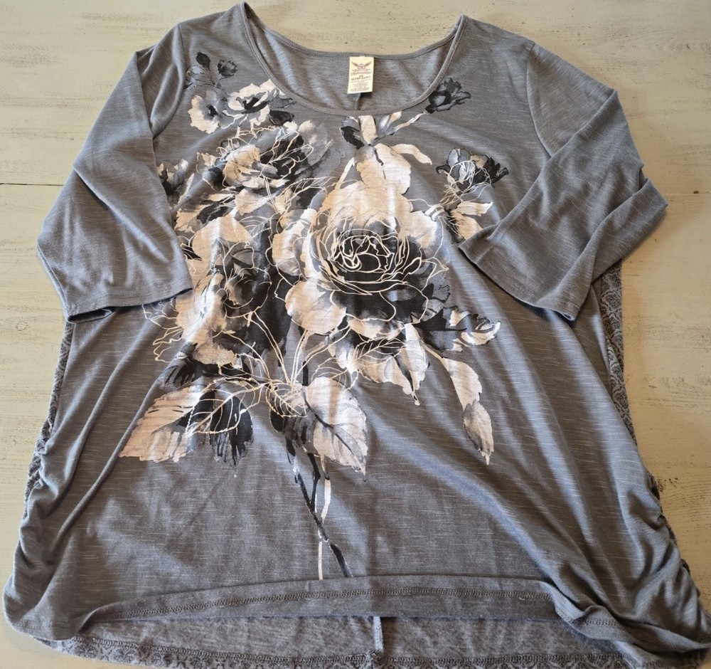 Faded Glory Women's 3X Gray Floral Round Neck 3/4 Sleeve Size Top Shirt Pullover