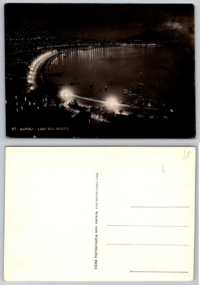 Vintage RPPC Naples Bay Gulf Night Lights Vesuvius Italy Real Photo Postcard