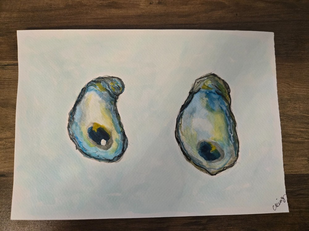 Original Watercolor Painting of 2 Oysters Hand painted Coastal Decor By CK