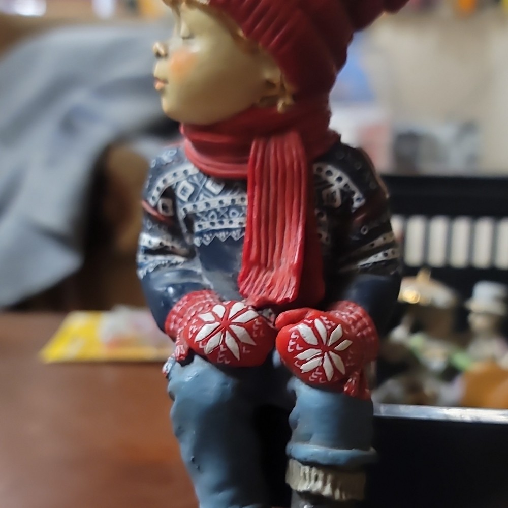 Painted Resin Winter Boy Figurine Red Hat Scarf Mittens Fair Isle Blue